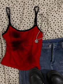 SHEIN Women Casual Portrait Print Sexy Red Camisole Tight Sleeveless Top, Suitable For Summer