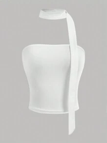 Girlism Teen Girls Solid Color Knit Casual Basic Neck-Tie Tube Top - White - View 1