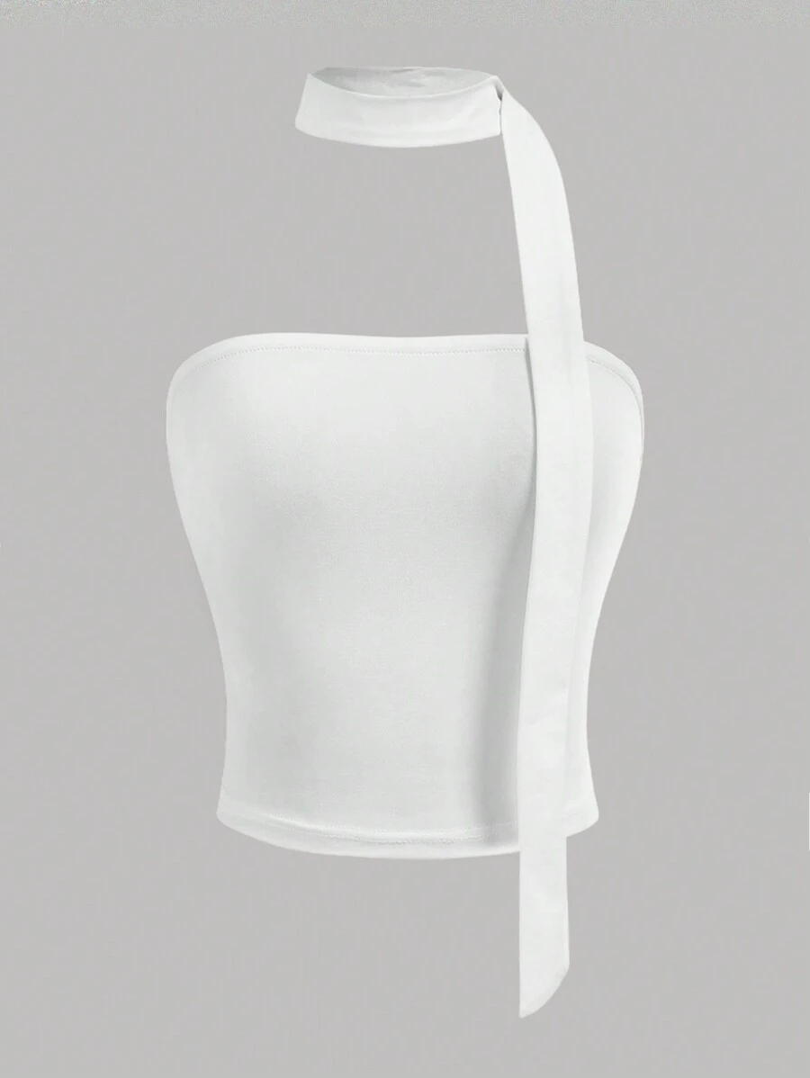 Girlism Teen Girls Solid Color Knit Casual Basic Neck-Tie Tube Top - White - View 1