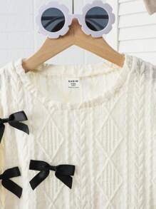 SHEIN LMoss Tween Girls Loose Fit Crew Neck Colorblock Black Ribbon Bow Decor Textured Fabric Short Sleeve Crop Top - Beige - View 4