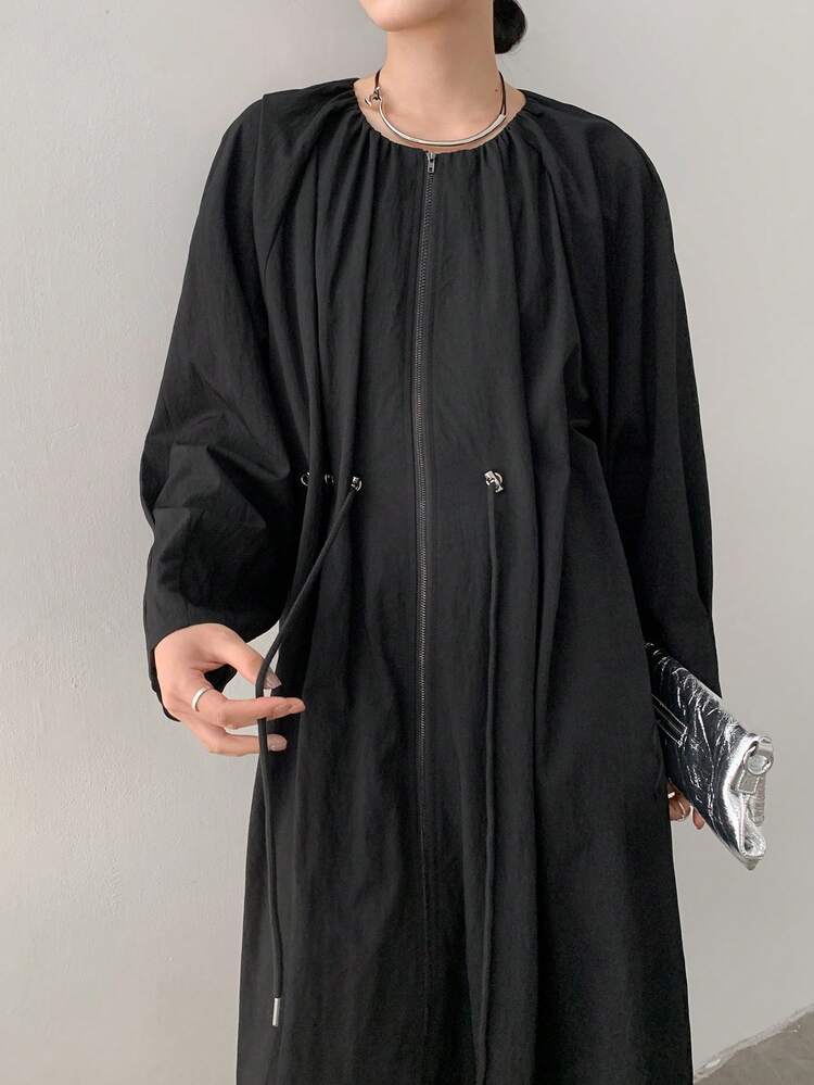 Mid-Length Casual Loose Drawstring Tie Waist Shirt Dress For Women, Minimalist Style,Fall Dress Long Sleeve Dress Maxi Dress