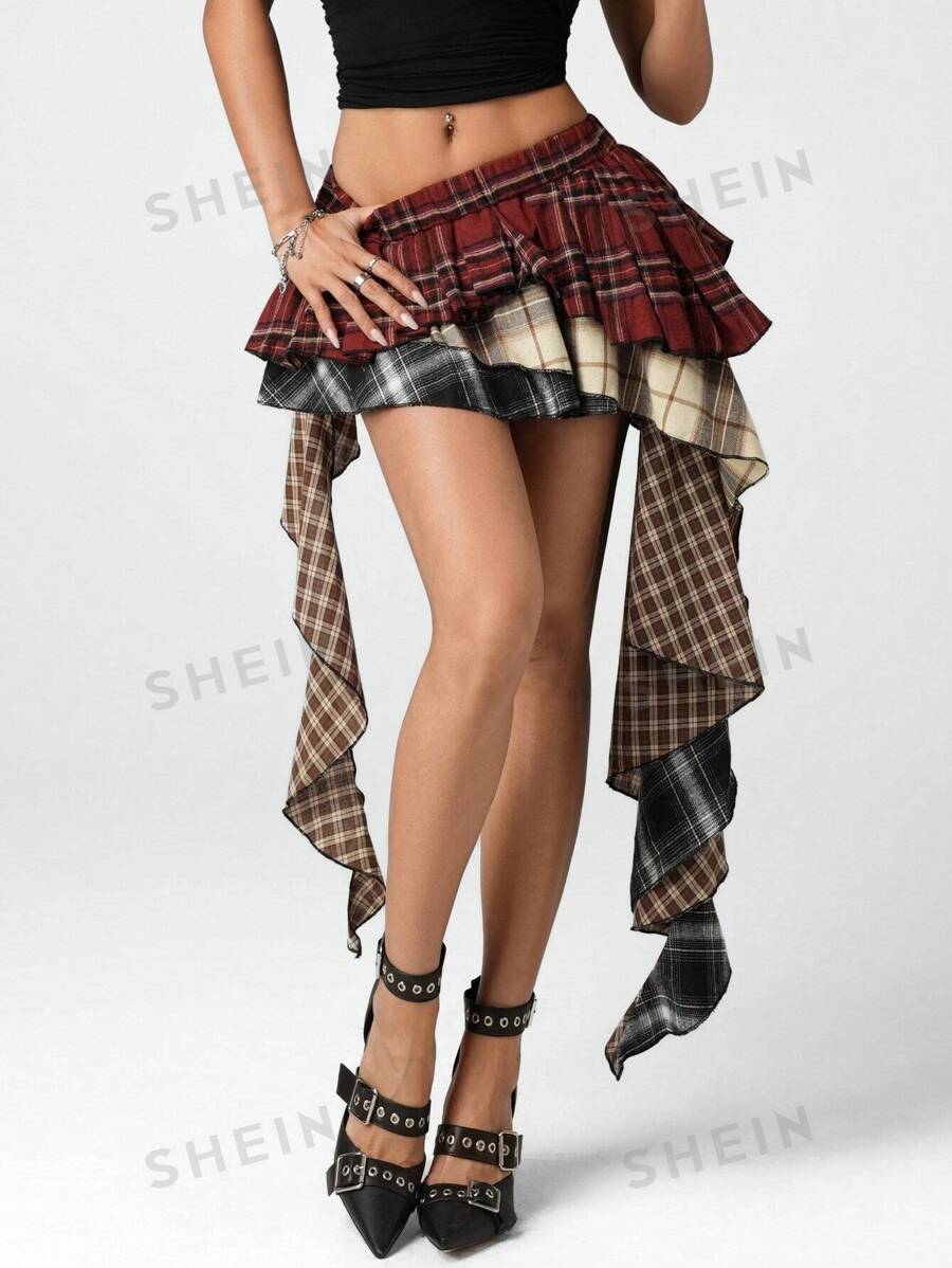 SHEIN ICON Fusta mini în carouri mixte cu tiv cu volane asimetrice