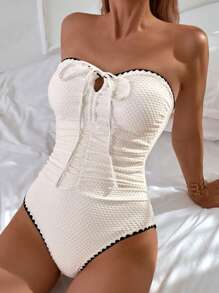 纯色面料紧身胸衣抽绳腰部聚拢女士海滩装 - 白色 - 查看 3