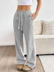 SHEIN PETITE 灰色低腰抽绳系带斜口袋直筒阔腿运动裤，时尚简约休闲日常百搭，适合娇小女性，春秋季 - 灰色 - 查看 6