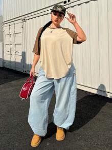 SHEIN EZwear Plus Size Basic Casual Raglan Sleeve Short Sleeve Loose T-Shirt, Summer
