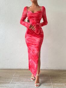 SHEIN Unity Gaun Wanita Lengan Panjang Belahan dengan Motif Bunga, Potongan Slim Fit - Berwarna merah muda - View 4