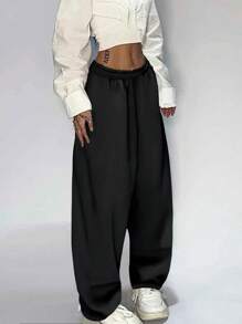 INAWLY Women's Casual Solid Color Loose Sweatpants - Black - View 3