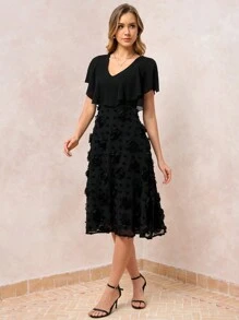 SHEIN Clasi Women's Solid Color V-Neck Ruffle Hem Mid-Calf Dress Summer Outfits For Women Teacher Outfits For Women Black Dress - Black - View 6