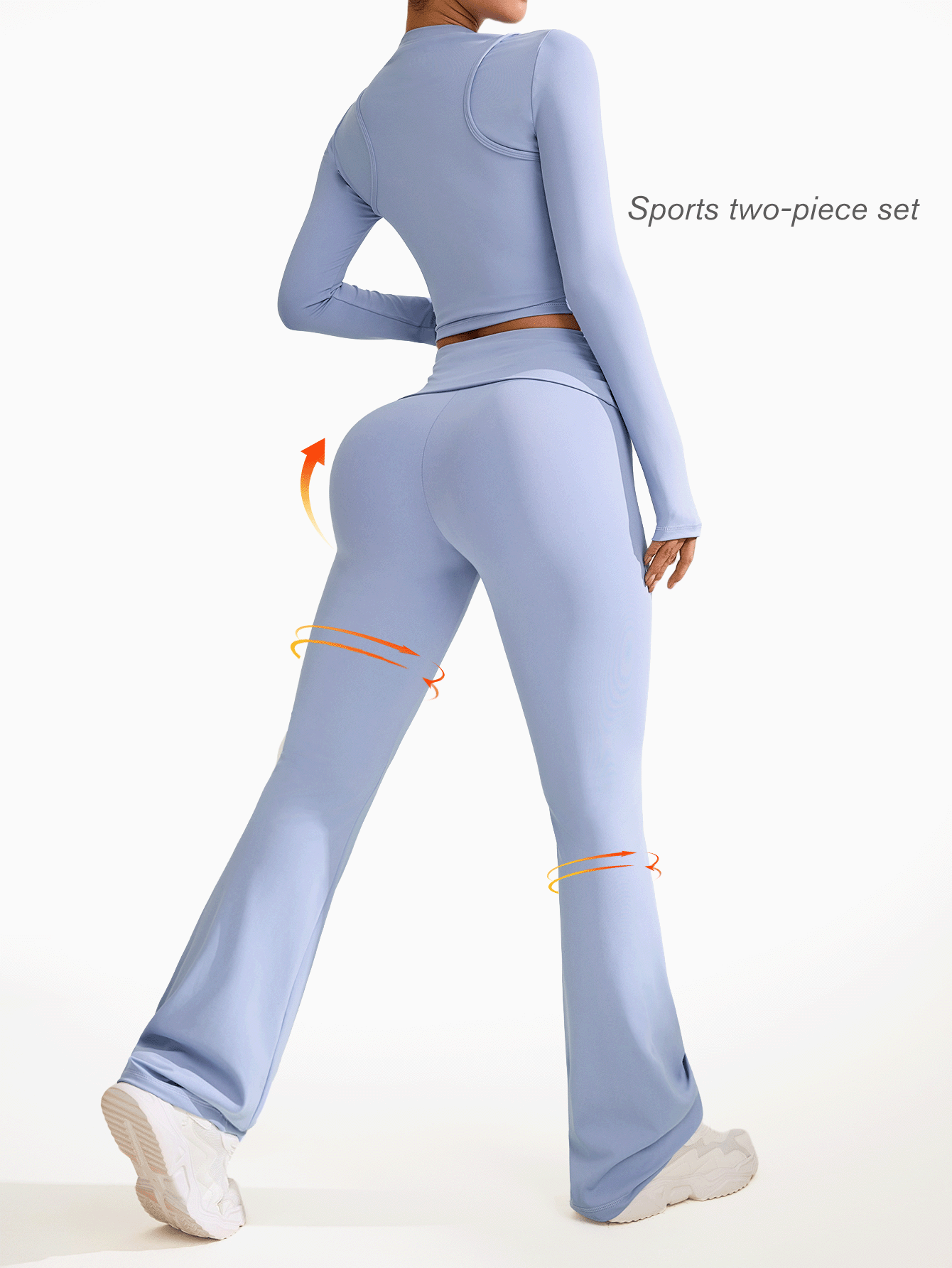 Sovereign Charm 2 件女式运动瑜伽套装 - 长袖性感短款上衣和高腰阔腿舒适休闲喇叭裤，适合健身、通勤、户外健身女士套装女士健身套装女士紧身裤套装 - 藍色 - 查看 2