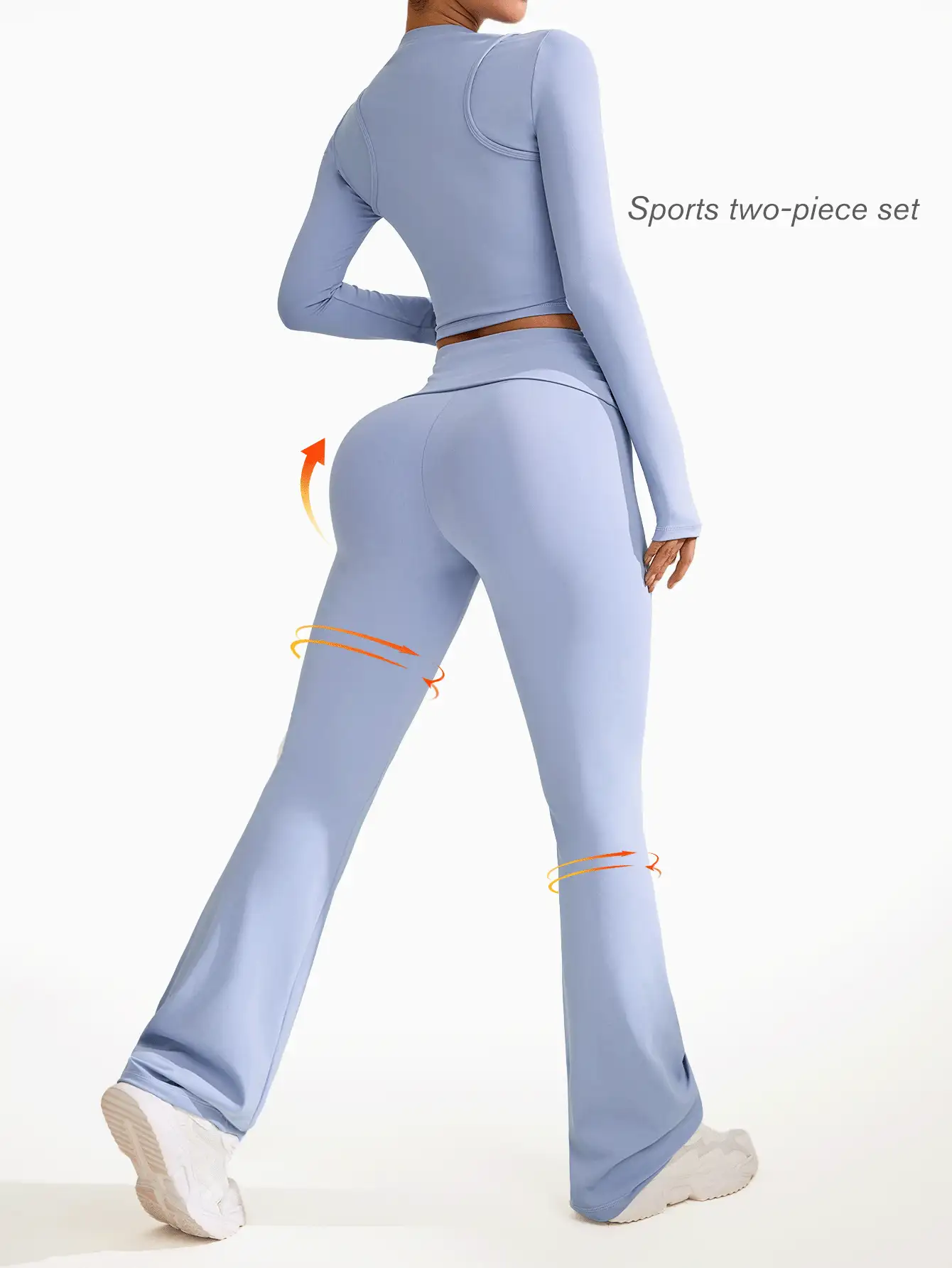 Sovereign Charm 2 件女式运动瑜伽套装 - 长袖性感短款上衣和高腰阔腿舒适休闲喇叭裤，适合健身、通勤、户外健身女士套装女士健身套装女士紧身裤套装 - 藍色 - 查看 2