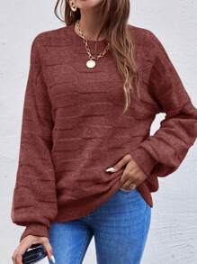 SHEIN LUNE Áo len chui đầu dệt kim cổ tròn dài tay tối giản cho nữ, mặc thường ngày - Màu đỏ tím - Xem 4