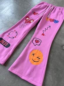 Manfinity EMRG Men's Street Fashion Casual Pants, Flared Bottom Graphic Print Sweatpants,Street Boys And  Fashionable Pair Of Elastic Tight-Waisted Mini Pants, Heart-Shaped Cartoon Pattern Print Design For Autumn And Winter Clothing,Perfect For Valentine's Day Couple Matching And Suitable For New Year Anniversaries.