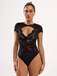 SHEIN BAE 女士时尚性感纯色蕾丝镂空紧身衣 - 黑色 - 查看 3