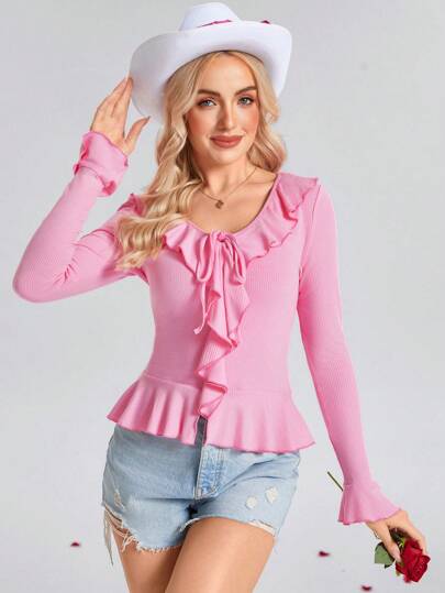 SHEIN LUNE Camiseta de manga larga con ajuste ceñido, cuello con volante y adorno de cuerda, color rosa, para el Día de San Valentín