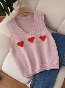 CosyJoli Plus Size Heart Print V-Neck Casual Pullover Sweater Vest, Suitable For Valentine's Day In Fall/Winter - Pink - View 5