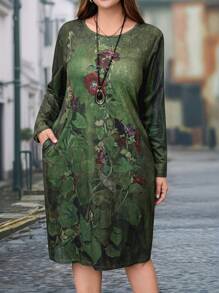 EMERY ROSE Plus Size Women Green Printed Long Sleeve Dress, Vacation Wear