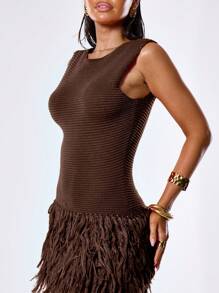 MUSERA 流苏下摆钩针编织迷你毛衣连衣裙 春季 Y2K 90 年代休闲可爱阳光夏季伊比沙岛锐舞节假期夏日夜晚外出冬季约会之夜派对时尚 - 咖啡棕 - 查看 5