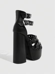 Sugerpunk Round Toe Thick High Heel Platform Women High Heel Sandals, Unisex Edgy Style, Suitable For Cool Girls, Bad Girls, Night Wear, Street Style, Sexy Date & Party, Summer For Christmas - Black - View 4