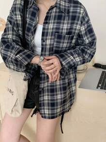 DAZY 女士翻领格子宽松长袖衬衫，藏青色，春夏秋季，法兰绒女装