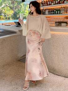 DAZY Đầm nữ màu trơn phối họa tiết, cổ tròn, tay dài, dáng ôm thanh lịch, đầm nữ thường ngày, đầm hoa cho nữ - Nhiều màu - Xem 3