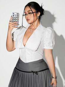 SHEIN ICON Plus Size Deep V Neck Lace Trim Puff Sleeve Blouse For Summer - White - View 1
