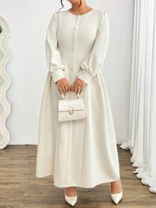Celure Vestido largo de manga larga y cuello redondo minimalista con solapa falsa, elegante