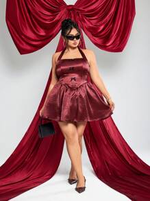 SHEIN ICON 加大码勃艮第红露背缎面蝴蝶结装饰连衣裙，适合情人节约会 - 酒紅色 - 查看 6