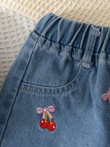 Souflis Souflis 2pcs/Set Toddler Girls Girhood Core Cherry Print Round Neck Short Sleeve T-Shirt And Denim Shorts With 3D Bow, Cherry Embroidery, Fashionable And Cute Summer Outfit - Multicolor - View 6
