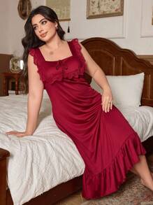 Plus Size Solid Color Lace Trim Bowknot Tie Sleepgown For Summer - Red - View 6