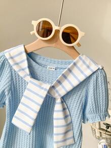 SHEIN 2 buc/Set Bebeluşă Fetiţă Nou Casual Resort Chic Elegant Albastru & Alb Tricot cu mâneci bufante, Capelet cu dungi detasabile 2 bucăţi ţinută - Albastru - Vizualizare 7