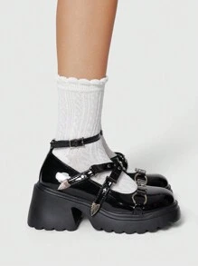 ROMWE Grunge Punk Buty skórzane Mary Jane w stylu vintage, Punk Rock z zamkniętymi palcami, krzyżujący się pasek z metalową klamrą, gotyckie lolita, grube platformy oksfordy dla kobiet