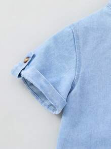 Young Boy Stand Collar Short Sleeve Denim Shirt, Fashionable Summer Casual,Holiday,Travel