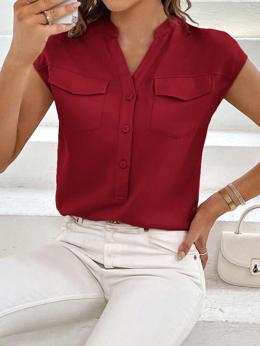 SHEIN Essnce Blusa casual y de oficina con cuello entallado de unicolor para mujeres - Burdeos - Ver 1