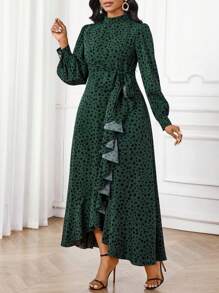 SHEIN Lady Vestido largo de mujer con estampado integral, cintura anudada y volantes en el bajo, elegante para usar en el Día de San Valentín, Año Nuevo, en el trabajo o en todas las estaciones - Verde - Ver 3