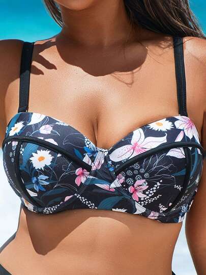 Swim Lushoire 夏季单件大码女式可拆卸肩带随机印花比基尼上衣，高端硬杯比基尼
