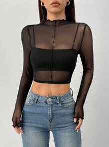SHEIN PETITE 小號女款白色透視高領荷葉邊上衣 - 黑色 - 查看 5