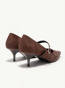 CUCCOO CHICEST Brown Pointed Toe Rhinestone Velvet Comfortable Versatile Strap Low Kitten Heel Flats