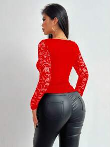 Chiquease Women's Red Lace Long Sleeve Top Square Neck Mesh Blouse Fall Cloth For Women - Red - View 2