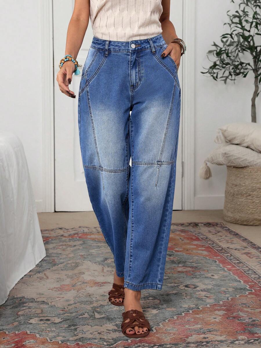 SHEIN Tall Women's Mid-Waist Asymmetric Split Boyfriend Jeans, Loose Y2K Style - Blue - View 1
