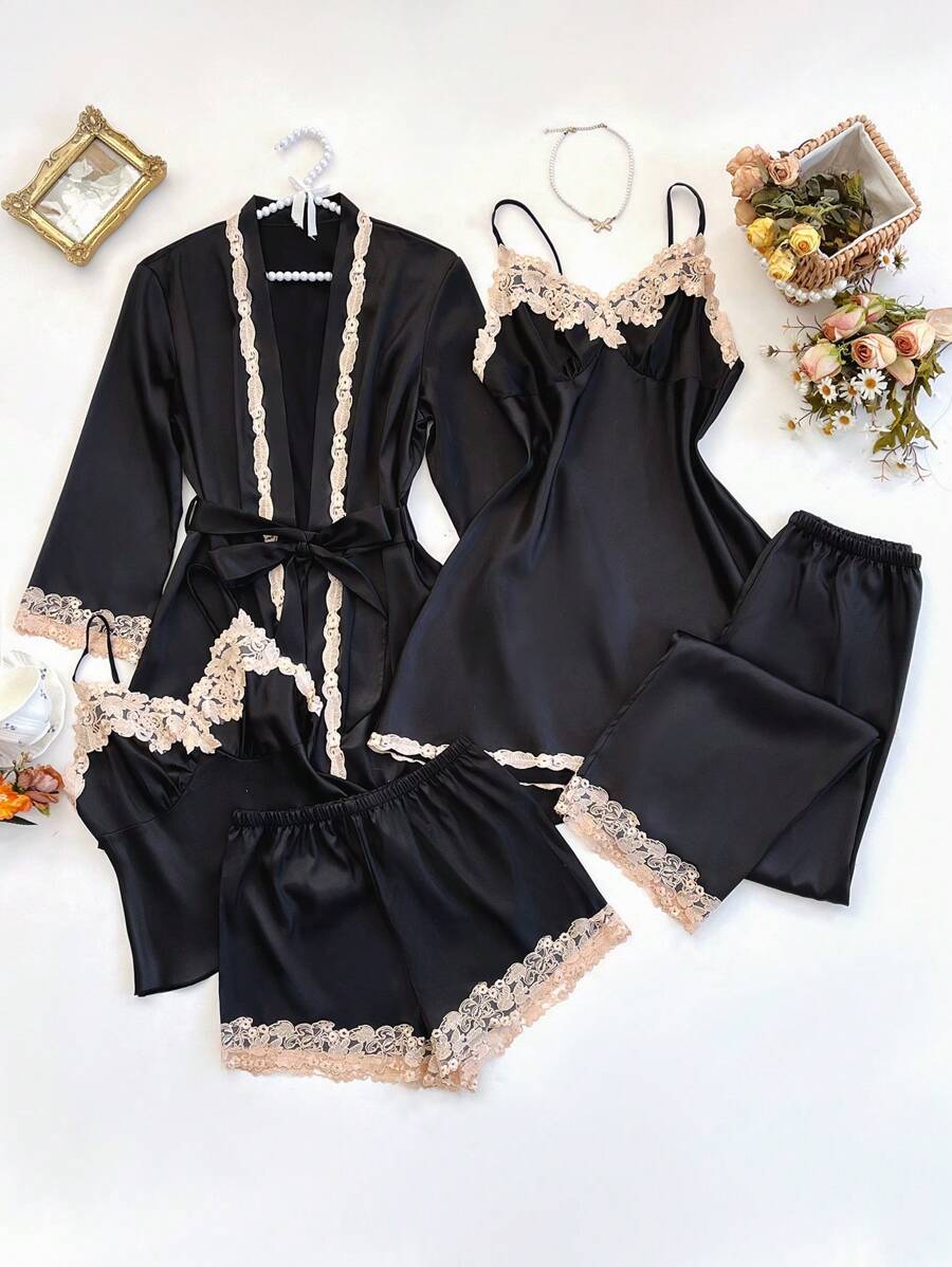 SilkySpell 5pcs Set Contrast Color Trim Decor Faux Silk Camisole Top & Shorts & Pants & Belted Robe & Sleep Dress, Fall Winter Clothes - Black - View 1