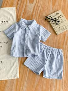 Baby Boys 2 Pieces Set Blue Textured Fabric Shirt & Short Outfit Clothes, Suitable For Babies To Wear On All Occasions In Summer, Textured Fabric For Quality Feel