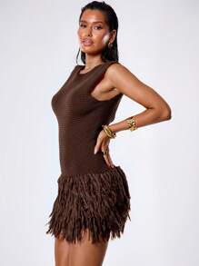 MUSERA 流苏下摆钩针编织迷你毛衣连衣裙 春季 Y2K 90 年代休闲可爱阳光夏季伊比沙岛锐舞节假期夏日夜晚外出冬季约会之夜派对时尚 - 咖啡棕 - 查看 3