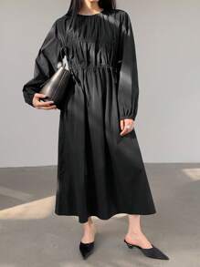 Dazy-Less Loose Casual Drawstring Tie Waist Mid-Length Dress For Women,Ruffle,Fall Dress Business Casual Woman Work Clothes Long Sleeve Dress