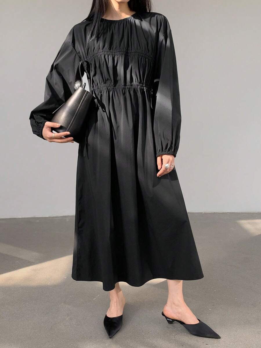 Dazy-Less Loose Casual Drawstring Tie Waist Mid-Length Dress For Women,Ruffle,Fall Dress Business Casual Woman Work Clothes Long Sleeve Dress