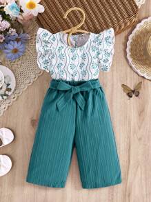 Travachic KIDS 女婴花卉印花荷叶边上衣和裤子 2 件套，夏季假期 - 綠色 - 查看 6