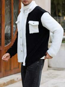 Manfinity Roghcode Men's Solid Color Contrast Trim Button Front Pocket Furry Long Sleeve Casual Rave Jacket,Turtleneck Men,Men Cardigan,Flannel Men Jacket,Men Flannel,Winter Men Jacket, For Fall