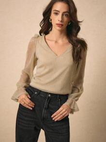 Poéselle 荷叶边袖闪光上衣派对单品 - 杏色 - 查看 6