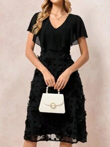 SHEIN Clasi Women's Solid Color V-Neck Ruffle Hem Mid-Calf Dress Summer Outfits For Women Teacher Outfits For Women Black Dress - Black - View 5