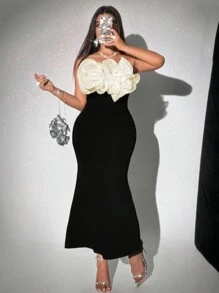Celure Elegante vestido de fiesta/vacaciones/cita para mujer talla grande con bandeau de flores 3D y abertura alta en la cola de sirena