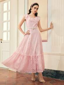 ZEYLAH WOMEN'S Ruffle Trim Lace Tiered Maxi Dress For Valentine's Day,SPRING/SUMMER
